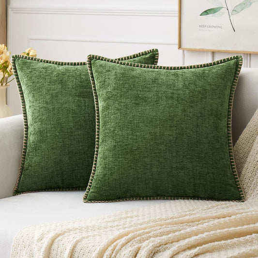 MIULEE Pack of 2 Christmas Pillow Covers 16x16 Inch Moss Green Farmhouse Decorative Throw Pillow Covers with Stitched Edge Soft Chenille Solid Dyed Couch Pillow Covers for Sofa Bed Living Room