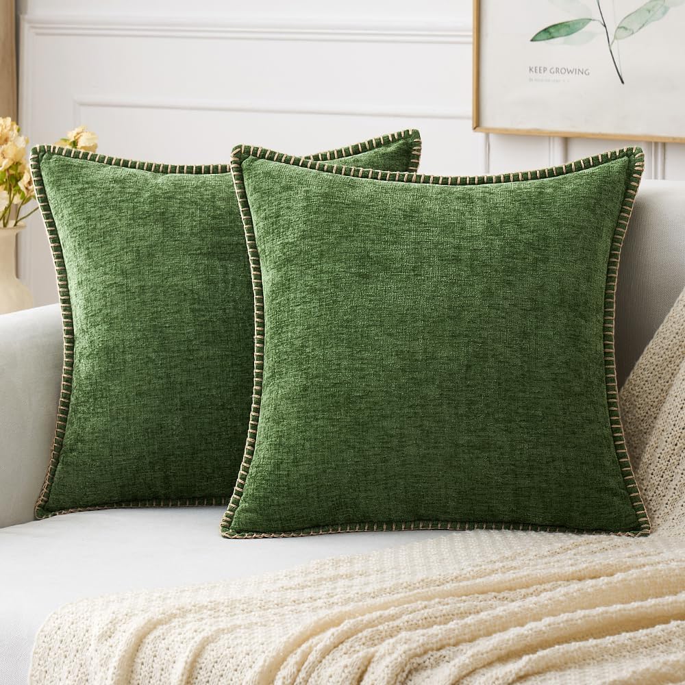 MIULEE Pack of 2 Christmas Pillow Covers 24x24 Inch Moss Green Farmhouse Decorative Throw Pillow Covers with Stitched Edge Soft Chenille Solid Dyed Couch Pillow Covers for Sofa Bed Living Room