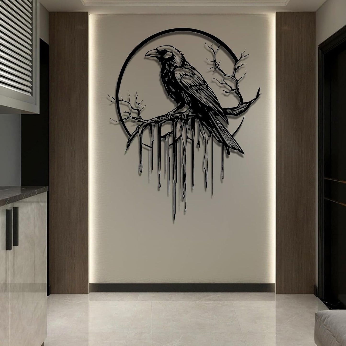 Crow Metal Wall Decor, Raven Wall Art, Large Gothic Raven Decor Hangings, Bird Wall Decor, Metal Tree Branch Decor, Ravens Sign, Raven Art for Living Room (Silver, 31"x25" | 80x64cm, metal wall art)