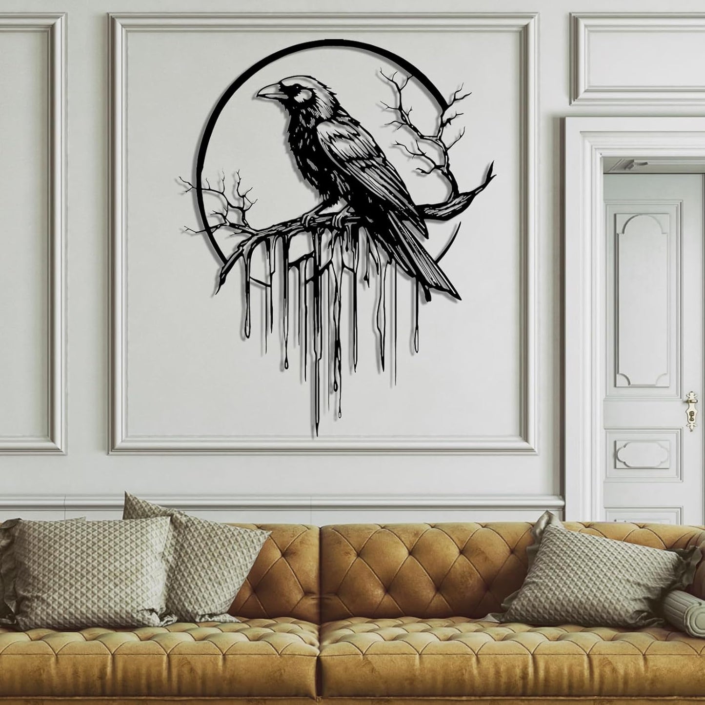 Crow Metal Wall Decor, Raven Wall Art, Large Gothic Raven Decor Hangings, Bird Wall Decor, Metal Tree Branch Decor, Ravens Sign, Raven Art for Living Room (Black, 28"x22" |70x56cm, metal wall art)