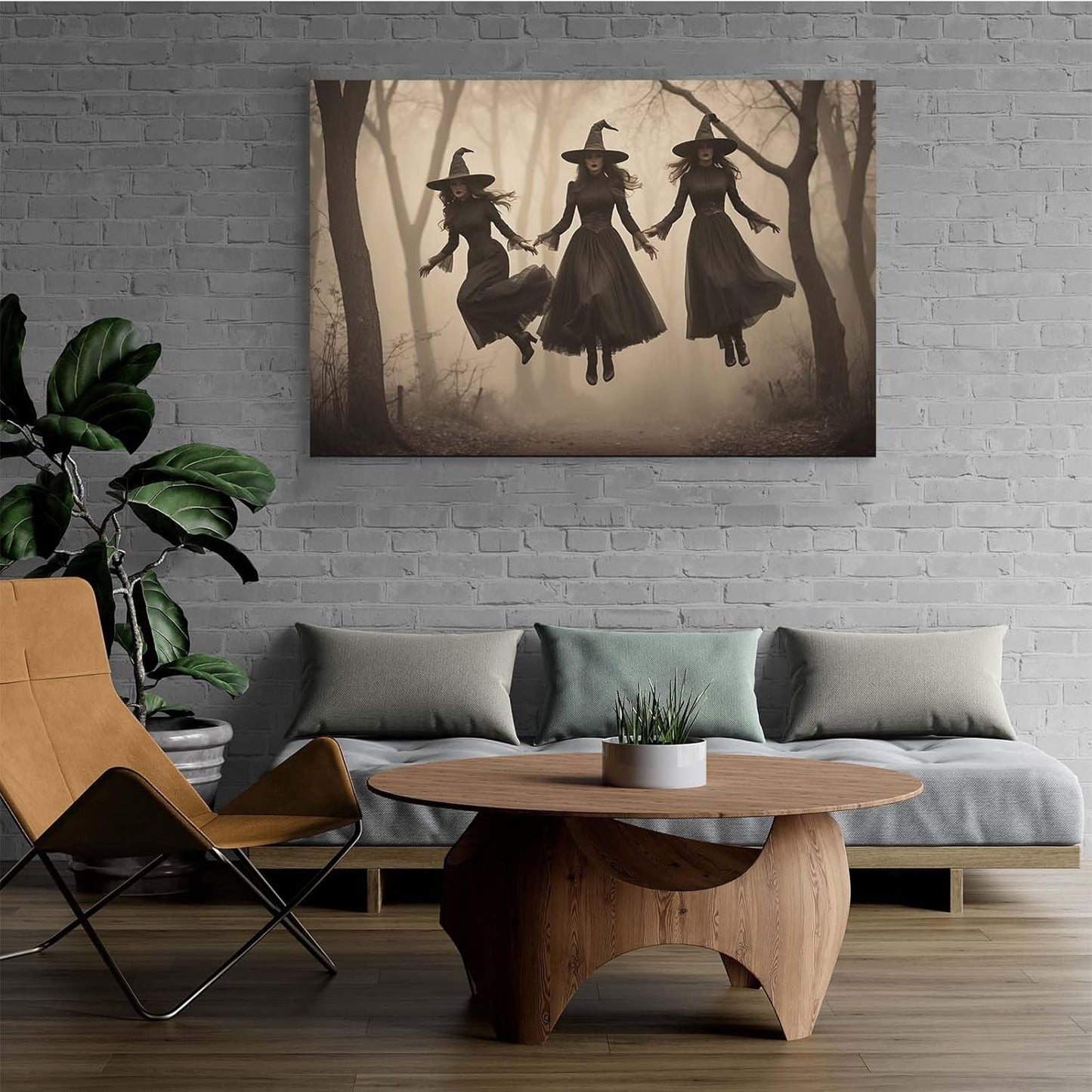 Three ghost witches flying in vintage forest gothic wall art witchcraft decoration holiday gift canvas wall art print24x36in Wood Framed