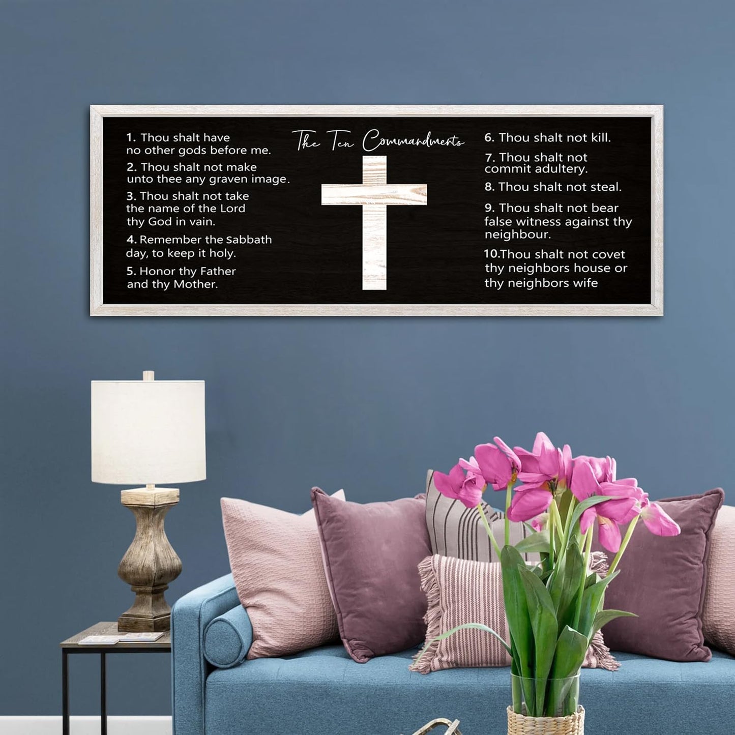 Ten Commandments Rustic Bible Verse Framed Wall Decor, 40" x 15", Religious Christian Slogan Representing a Prayer to God Jesus Christ, Vintage Horizontal Holy Inspirational Catholic Scripture Decor