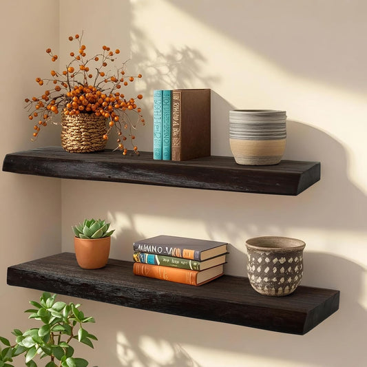 Floating Shelves Set of 2, Aged Elm Wood Picture Ledge Shelf, Floating Shelves for Wall for Bedroom Kitchen Bathroom Living Room (Walnut, 24 inch)