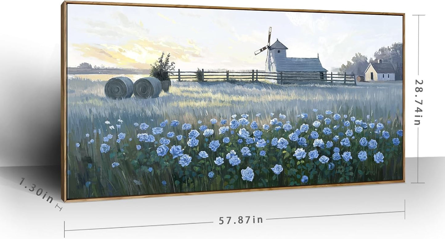 amatop Extra Large Wall Art Bedroom – Framed Country Landscape Canvas Art Blue Floral Field Windmill Print with Natural Wood Frame Rustic Wildflower Picture Home Decor for Living Room Office 58x29 Inch