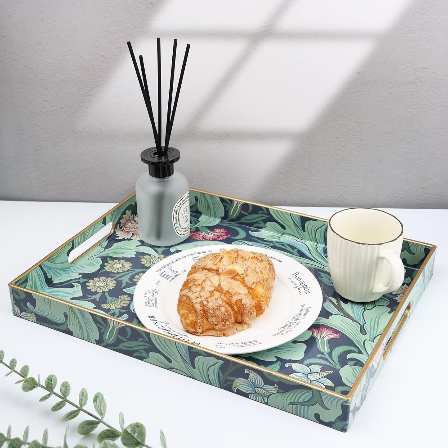 Spsyrine Serving Tray with Handles, Plastic Decorative Tray for Coffee Table, Living Room, Home Decor, Leicester