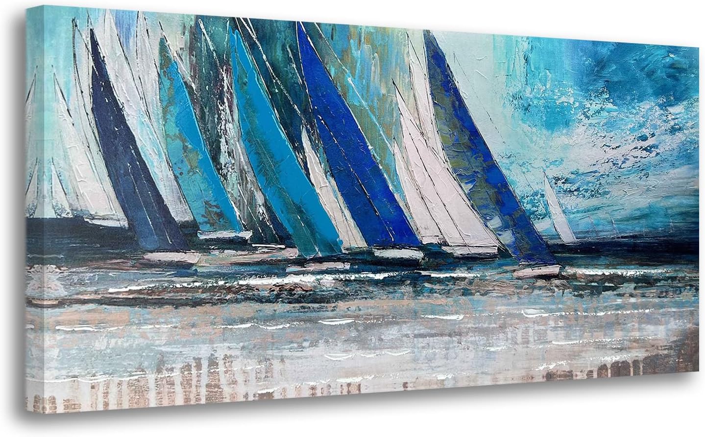 Arjun Blue Abstract Wall Art Canvas Teal Ocean Sailboat Picture Modern Turquoise Coastal Nautical Painting, Extra Large 58"x29" Framed Textured Artwork for Living Room Bedroom Home Office Wall Decor