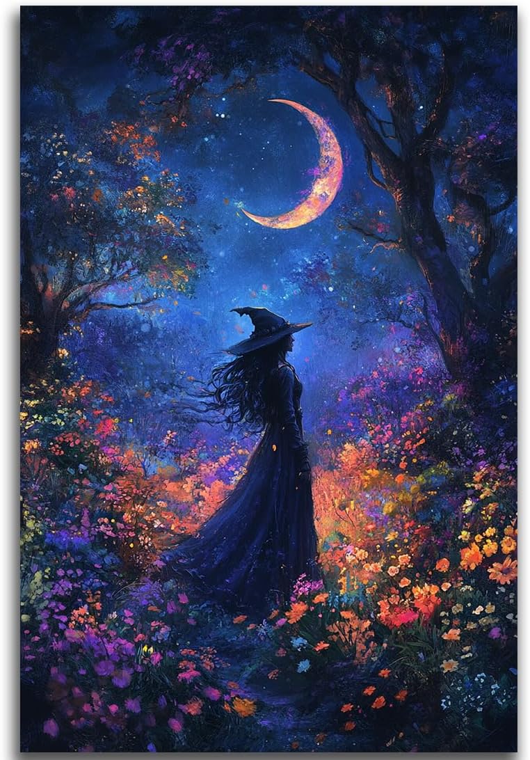 Vintage Halloween Witch Decor Mystic Gothic Wall Art Poster,Enchanting Witch Fall Whimsical Wildflowers Woodland Forest Crescent Moon Picture Art,Creepy Witchy Home Decor,24"x36" Unframed
