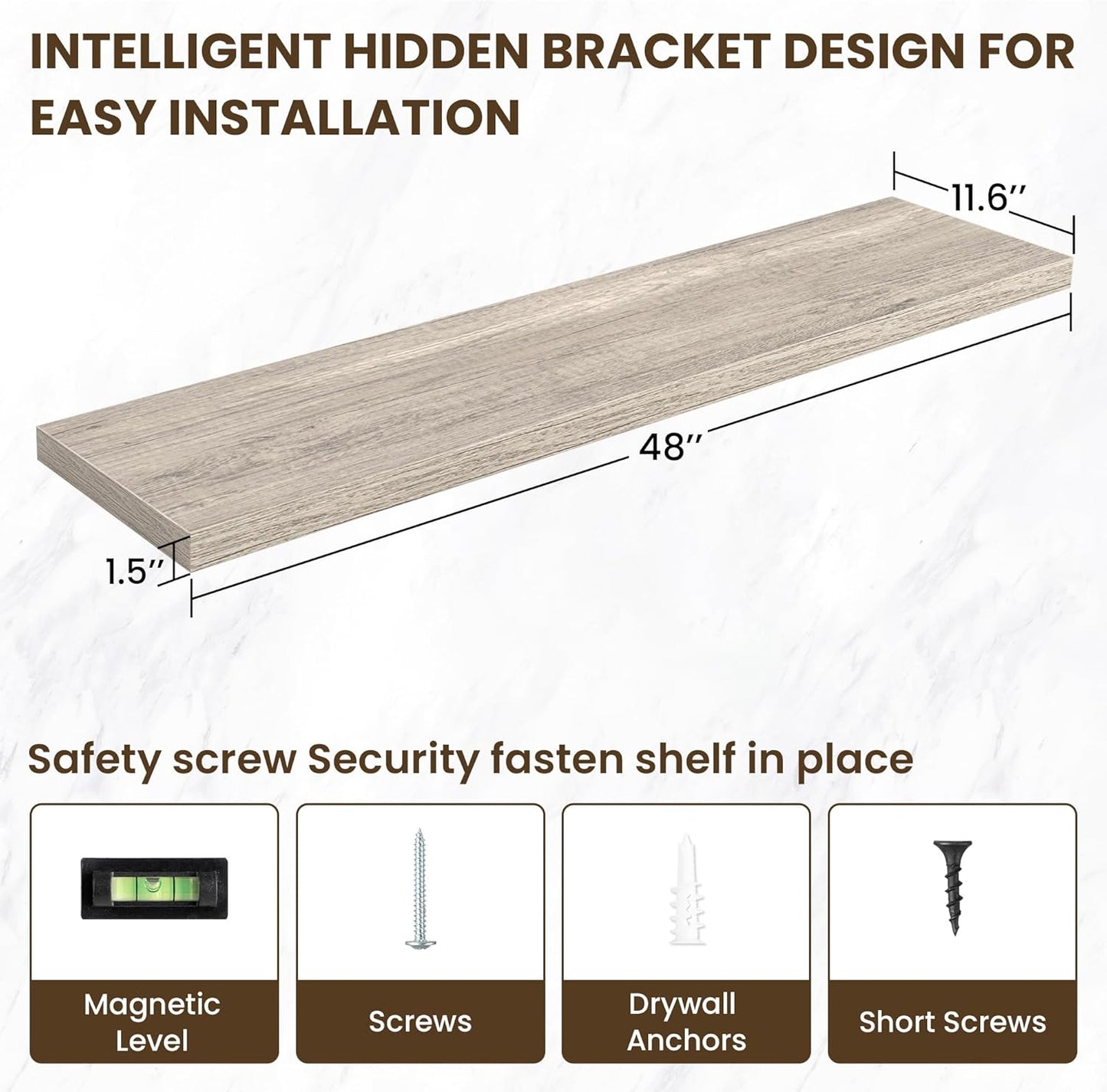 48 Inch Floating Shelves, 11.6 Inch Deep Floating Shelves for Wall, Floating Shelf with Invisible Brackets, Deep Shelves for Bathroom, Bedroom, Living Room, Vintage Gray Oak