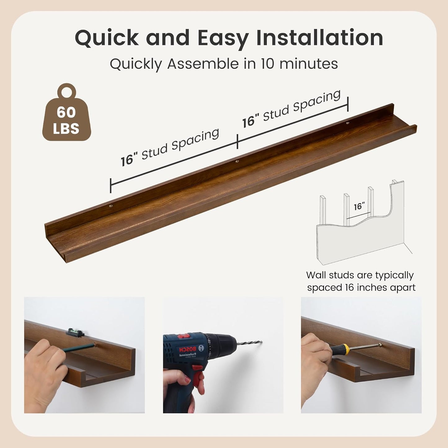 Picture Ledge Wall Shelves 48 inch Width Set of 2, Solid Pine Wood Rustic Floating Ledge Shelves for Wall for Kids' Room Bedroom Kitchen Bathroom Living Room Nursery Display Wall Decor, Walnut