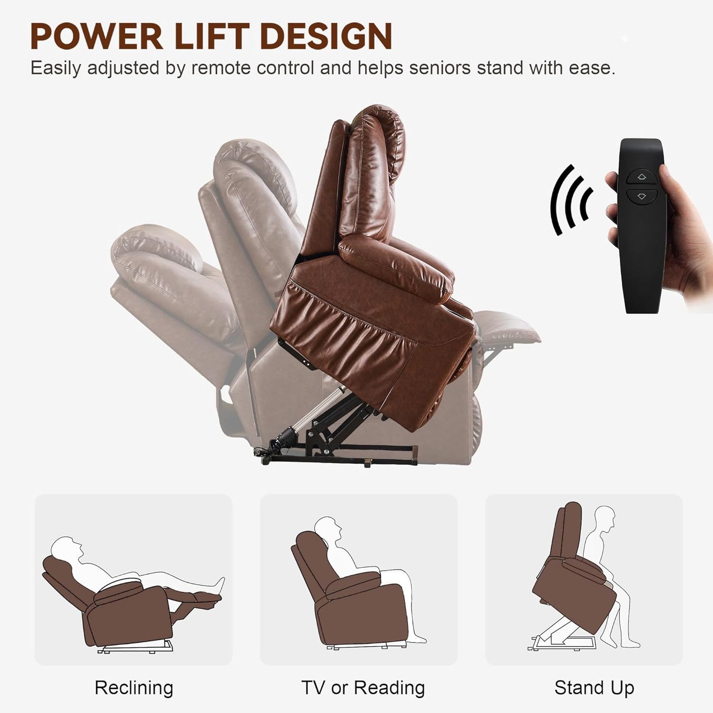 SALOHZA Power Lift Recliner Chair for Elderly with Massage and Heat for Living Room, Electric Recliner Chair for Adults with USB/Type C Port/Cup Holders, PU Faux Leather, Dark Brown