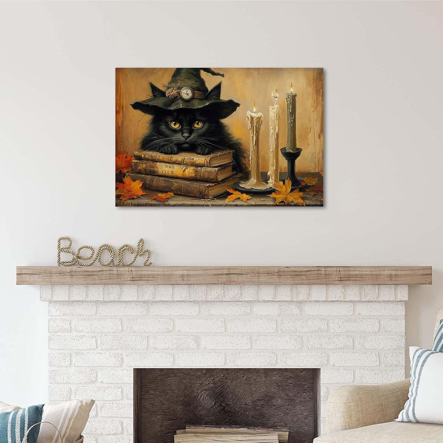 JFHCQJPK Vintage Halloween wall decoration black cat and magic book suitable for home bedroom living room decoration dark classic art witch wall decoration28x40in Frameless