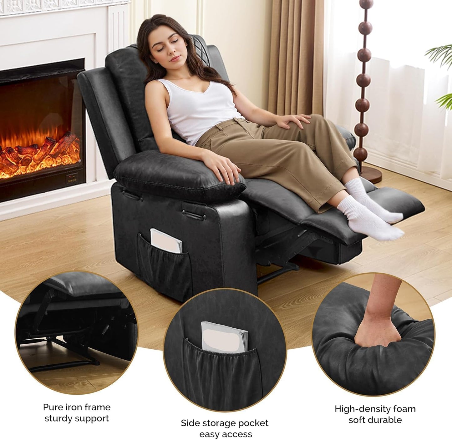 Recliner Chair with Electric Massage Adjustable Footrest & Heat, Manual Leather Recline for Adults Living Room Remote Control (Black)