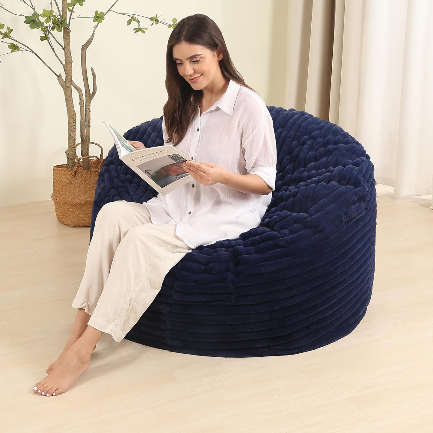 Memory Foam Bean Bag Chair for Adults/Teens, Bean Bag Sofa with Fluffy Removable Cover, for Living Room Bedroom, 3FT Blue