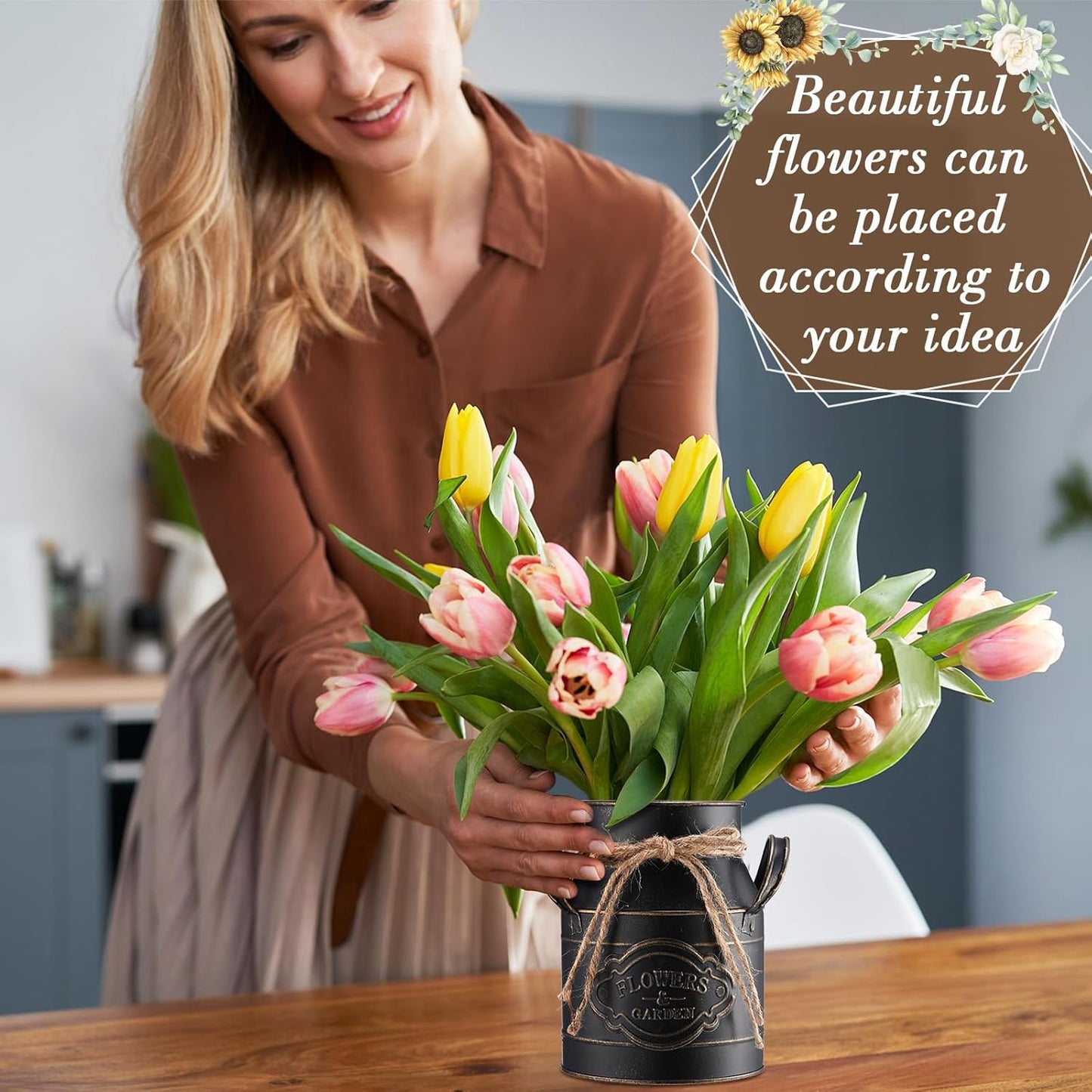 6 Inch Farmhouse Vase Decor Milk Can Vintage Flower Jug Galvanized Metal Vase with Handle Rustic Flower Buckets for Thanksgiving Christmas Table Centerpiece Weddings Gifts(Black,8 Pcs)