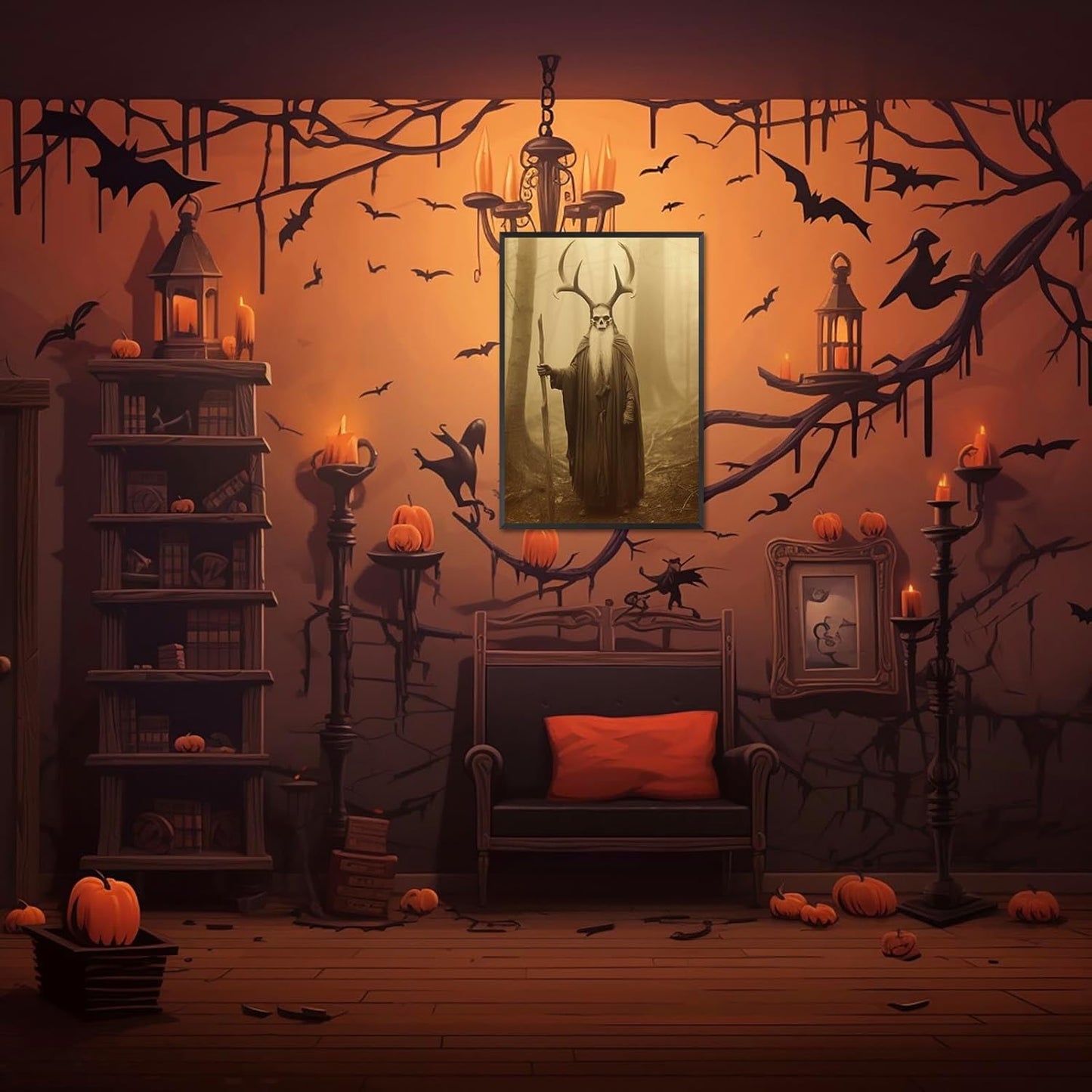 Skeleton Halloween Decor Occult Druid of the Forest Poster Canvas Wall Art Vintage Spooky Print Gothic Room Decor Dark Academia Decorations Bedroom Creepy Skull Picture 24X36inch Aluminum Framed