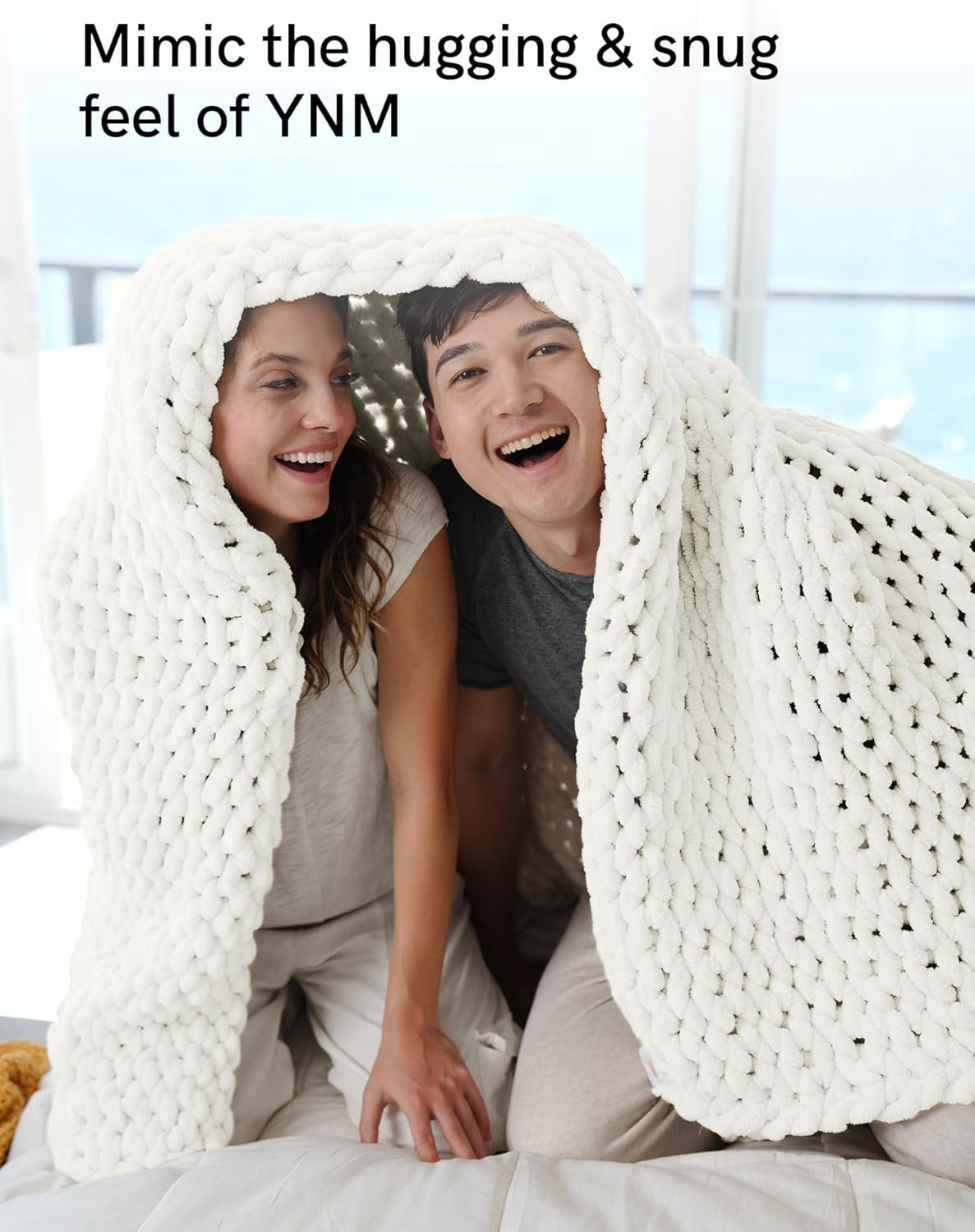 YnM Chunky Throw Blanket, Medium-Weight, Hand Knitted with Chenielle Yarn, Skin Friendly, Ventilated and Breathable, Machine Washable, Home Décor Piece for Couch, Sofa and Bed (White, 50x60 Inch)