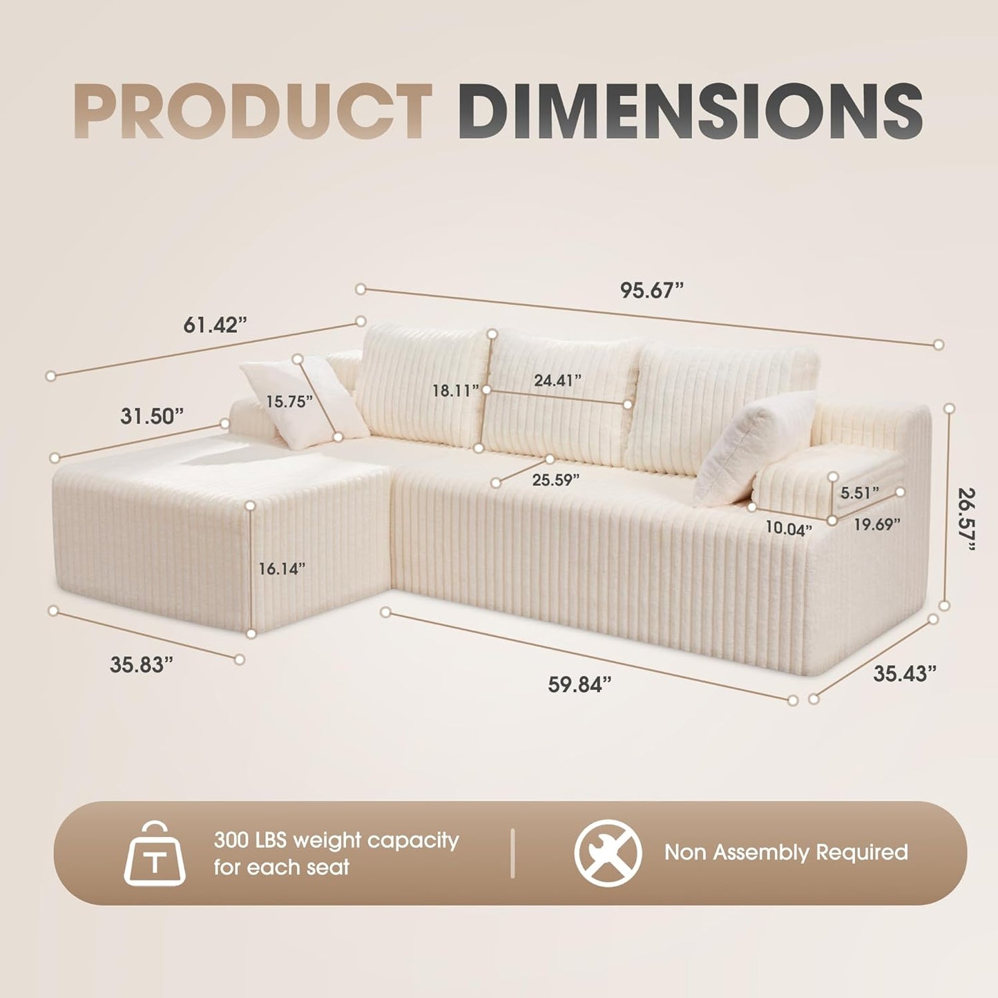 Hobestluk 96” Modular Sectional Sofa Couches L-Shape Couch 3 Seat Modular Sofa Memory Foam Sectional Couches for Living Room, Cloud Couch with Oversized Chaise (White, Stripe (Left Facing Chaise))