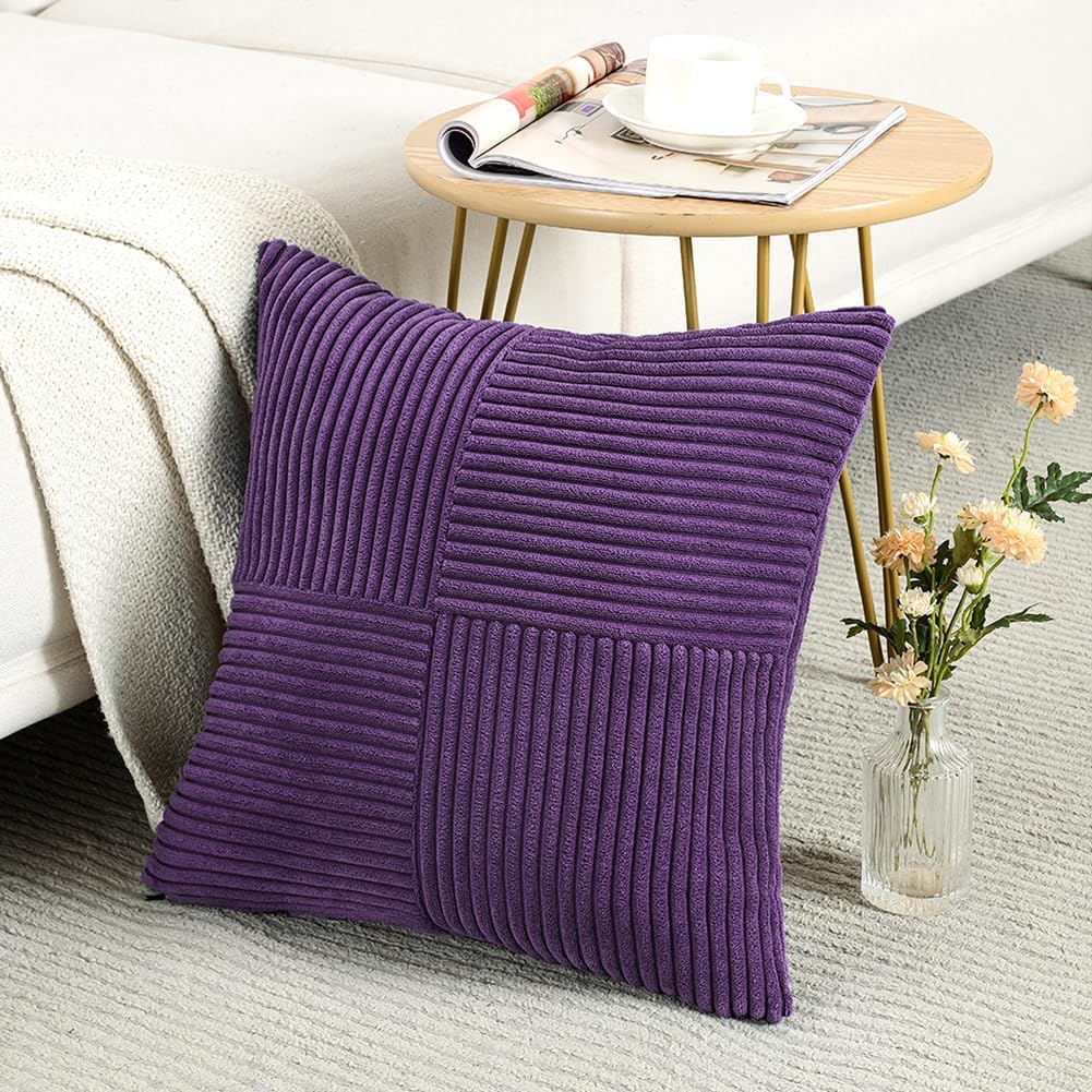 Fancy Homi 2 Packs Purple Decorative Throw Pillow Covers 16x16 Inch for Living Room Couch Bed, Farmhouse Boho Home Decor, Soft Corss Patchwork Corduroy Textured Square Cushion Case 40x40 cm