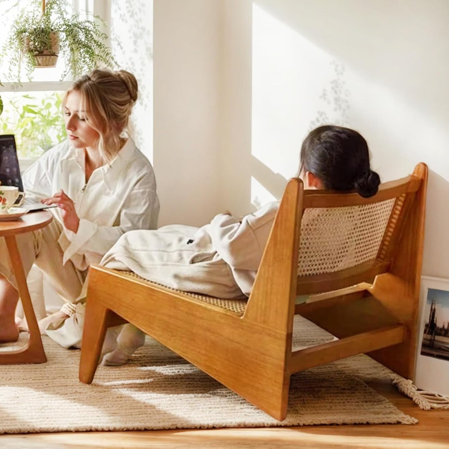 Rattan Chair 2Pcs, Mid Century Modern Accent Chair, Leisurely Reading Chair for Living Room（Wood）