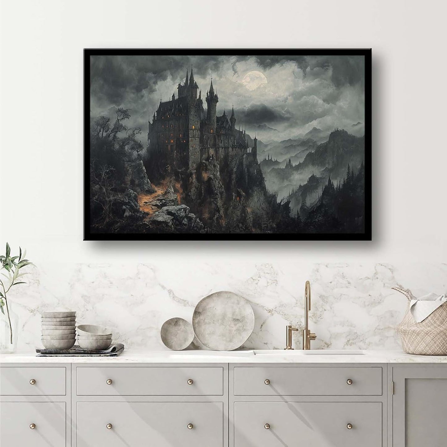 JFHCQJPK Vintage Castle Poster Dark Academy Victorian Gothic Castle Wall Art Poster Moody Mystical Art Print Suitable for Home Living Room Bedroom12x16in Metal blackFramed