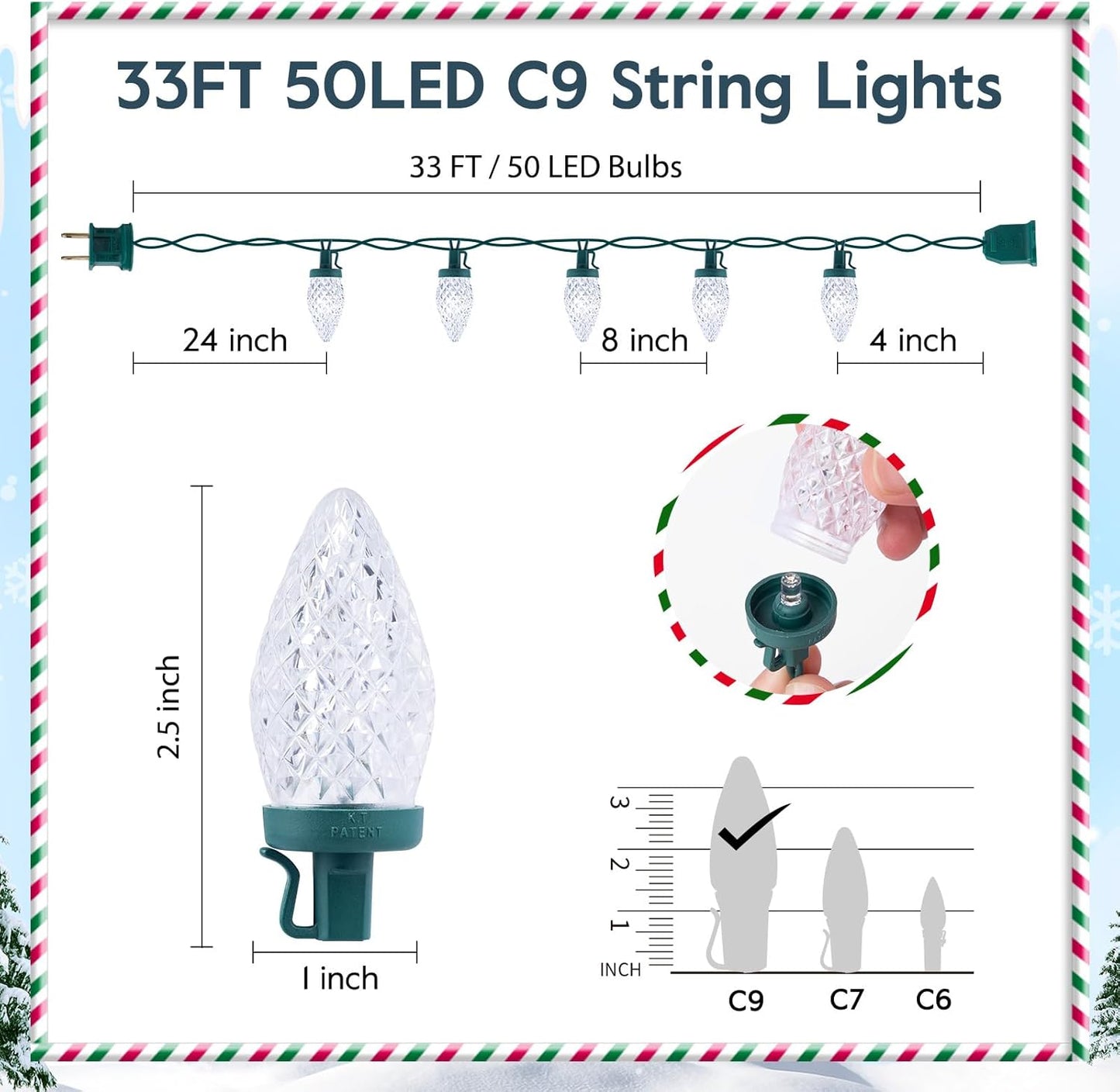 Brightown C9 LED Christmas String Lights, 33ft 50 LED Waterproof Strawberry String Lights, Plug-in Extendable Green Wire Lights String for Outdoor Indoor Patio Party Decoration, (Warm White)