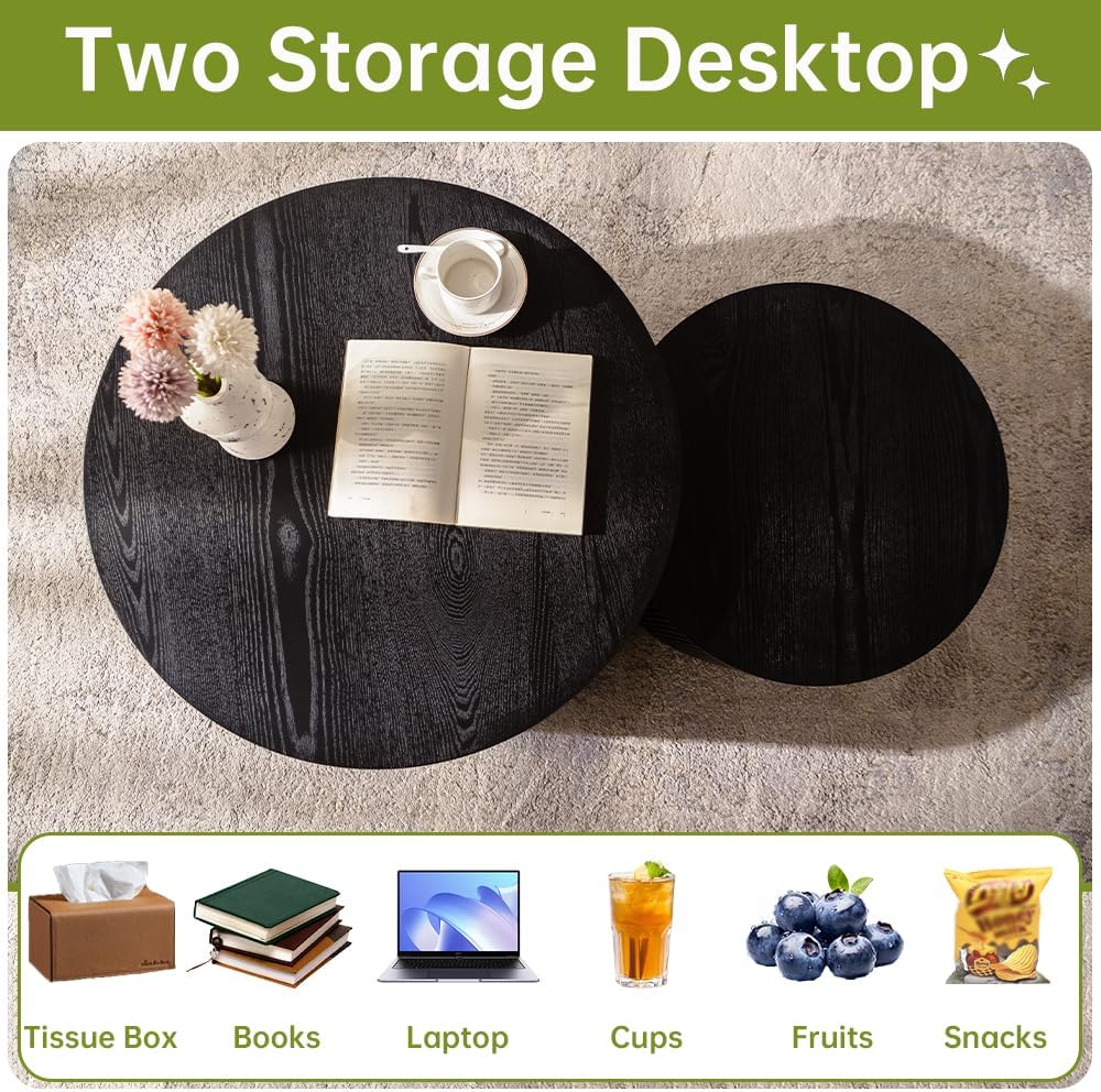 Round Nesting Coffee Table Set of 2 Small Round Coffee Tables for Living Room Modern Fluted Coffee Table Circular End Table Side Table for Small Spaces No Assembly (Black B, 27 in)