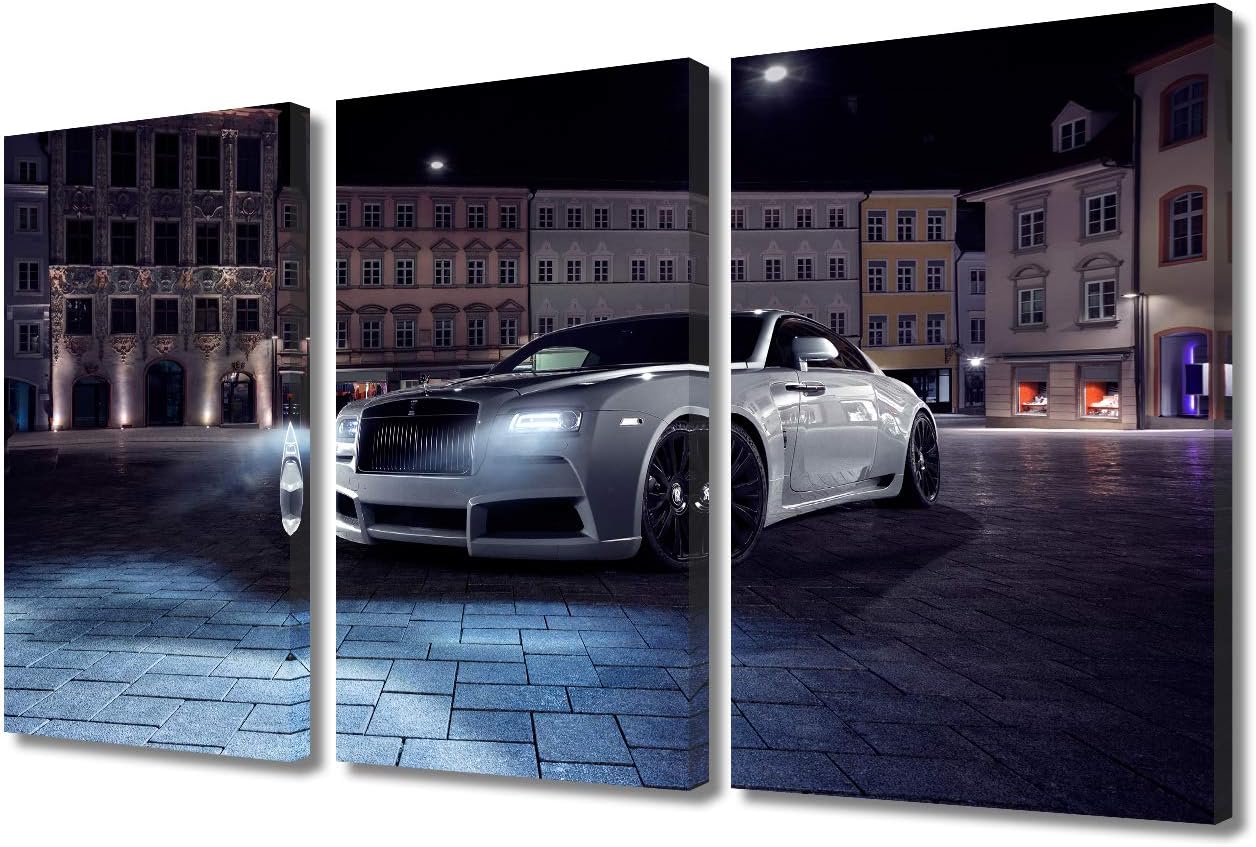 TUMOVO 3 Piece Canvas Wall Art - White Supercar - Modern Home Decor Stretched and Framed Ready to Hang - 12 x 24 inch x 3 Pieces