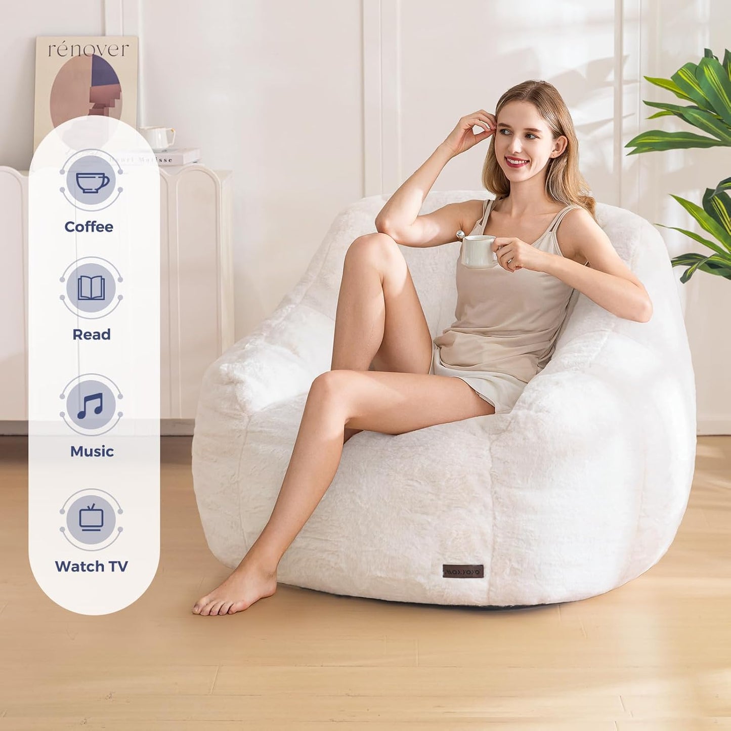 MAXYOYO Bean Bag Chair, Comfy Bean Bag Sofa with Back Support, Faux Fur Bean Bag Chair for Adults and Kids, Stuffed Floor Sofa for Living Room, Bedroom, Apartment, Beige