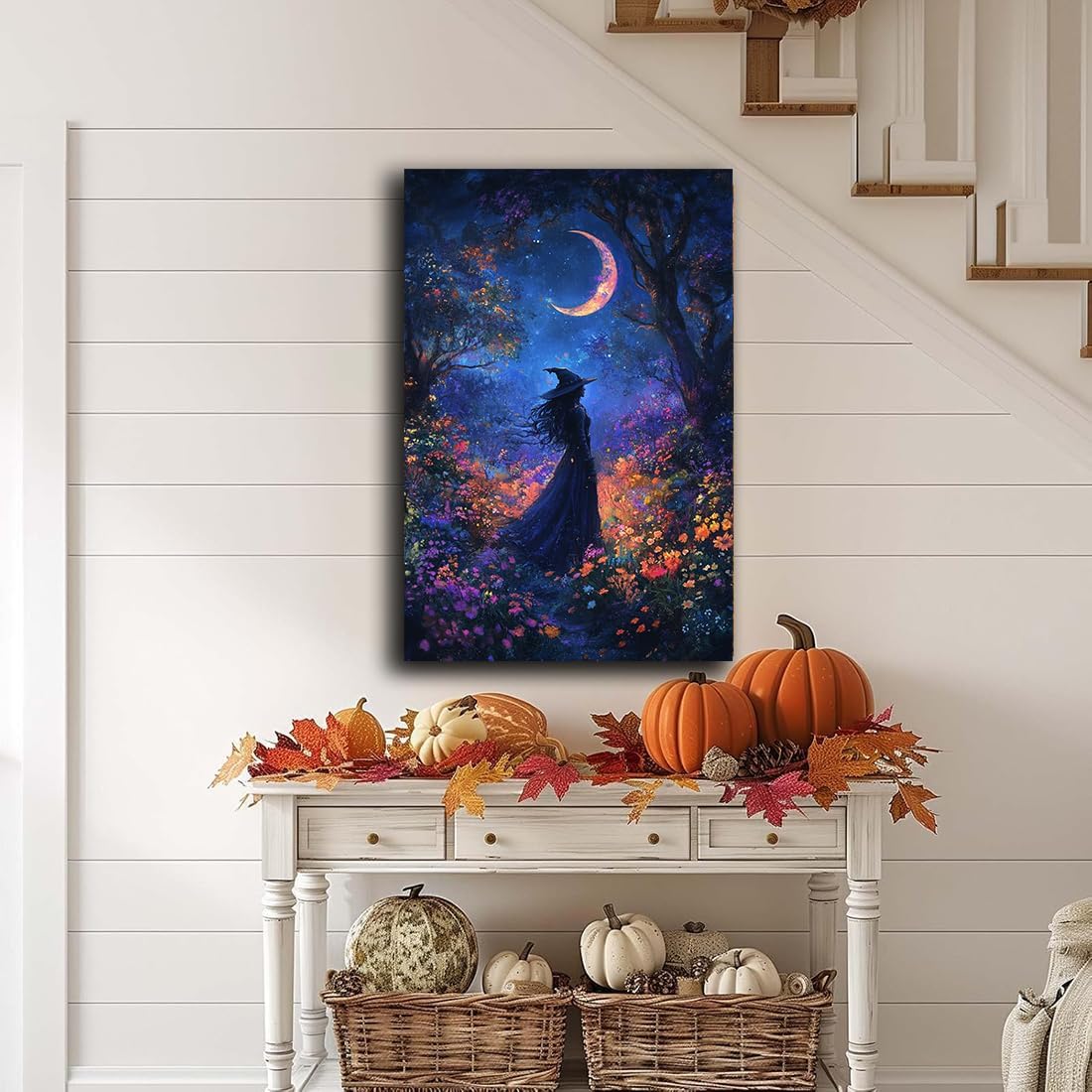 Vintage Halloween Witch Decor Mystic Gothic Wall Art Poster,Enchanting Witch Fall Whimsical Wildflowers Woodland Forest Crescent Moon Picture Art,Creepy Witchy Home Decor,20"x30" Unframed