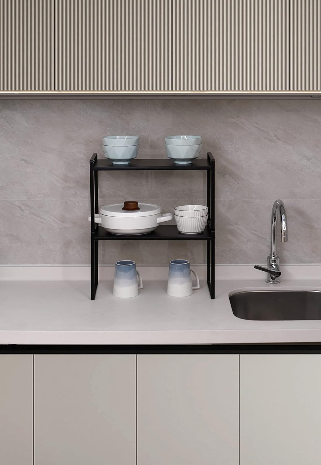 Nxconsu 2Pack Cabinet Shelves Stackable Shelf Organizer Rack Riser for Kitchen Cabinet Pantry Cupboard Counter Countertop Home Organization Storage Space Saver Heavy Duty Metal Nonslip Black Wide Tall