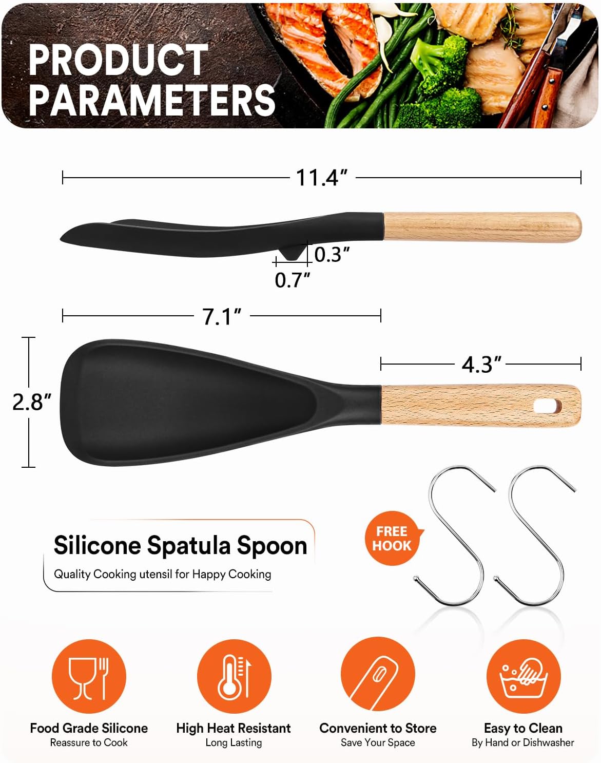 Cooking Spoon for Nonstick Cookwares, Great for Cooking and Serving Sturdy BPA-Free Matte Silicone, Wood Handle Spoon for Mixing, Scoop, and Scrape (Black & Grey, 11.4 inch)