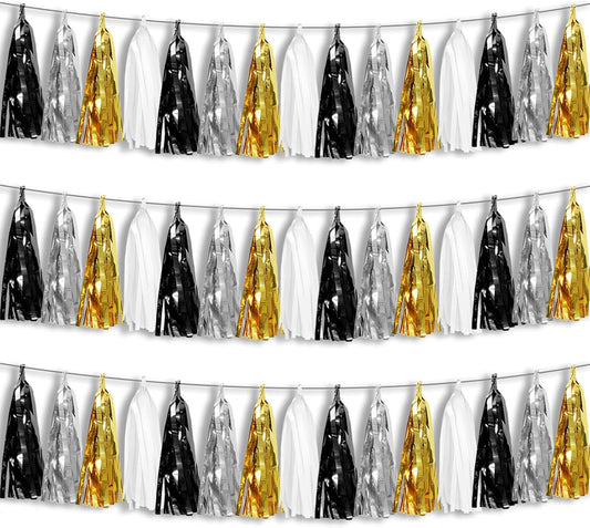 3P Black Gold Silver Foil Fringe Metallic Tassel Garland, Tassels Banner Streamers for Parade Floats, Bachelorette, Wedding, Birthday, Halloween, Christmas, Bridal/Baby Shower Party Decorations