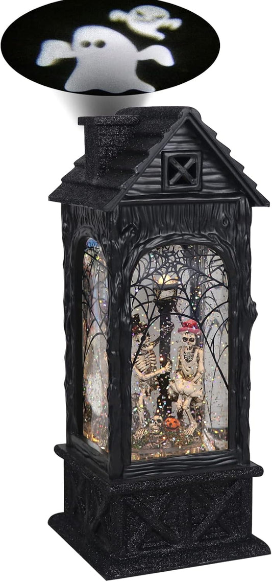 GenSwin Halloween Skeleton Snow Globe Lantern Ghost Projection Lamp with 6 Hour Timer, Battery Operated & USB Powered LED Spinning Water Glittering Globe Halloween Decoration Parties(11”, 3AA)