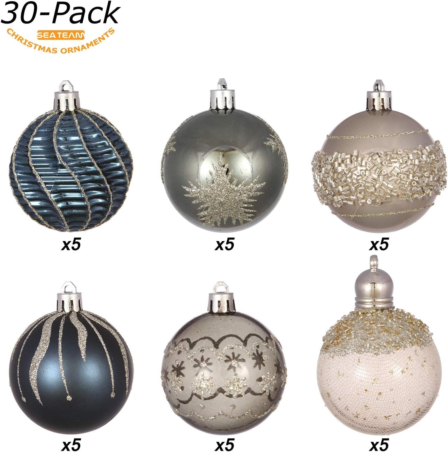 Sea Team 60mm/2.36" Delicate Contrast Color Theme Painting & Glittering Christmas Tree Pendants Decorative Hanging Christmas Baubles Balls Ornaments Set - (Stone Blue & Silver Grey), Pack of 30