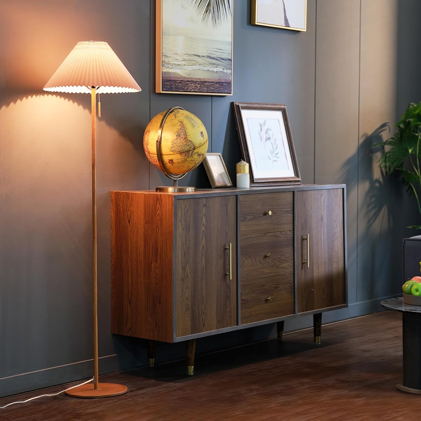 GLOBE Electric 61000053 62" Floor Lamp, Wood-Toned Finish, Pleated Fabric Shade, Pull Chain Switch, Reading Light, E26 Base, Modern Classic Lighting for Living Rooms and Bedrooms