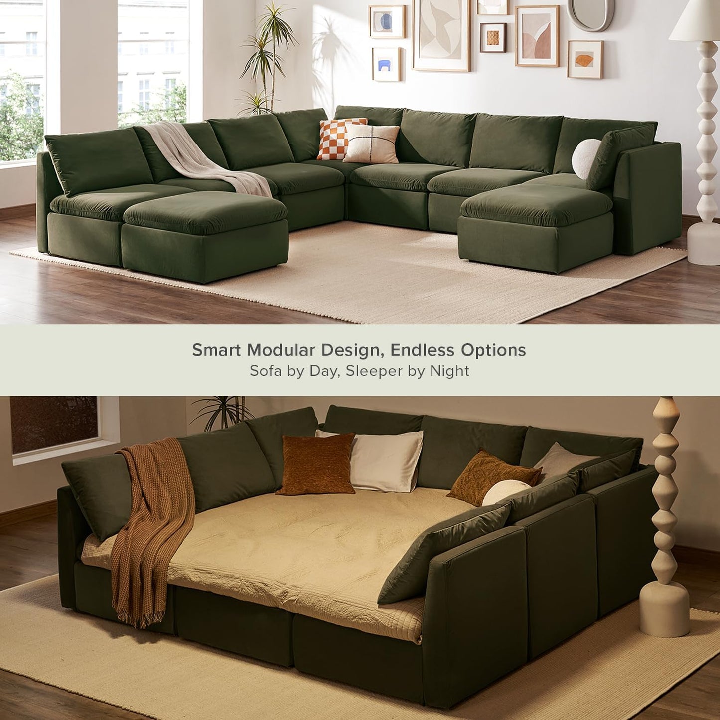 mopio Oversized Modular Sectional Sofa with Fully Removable Covers and Storage, Convertible U, L-Shaped and Sleeper Sectional, Modern Couches with Ottoman Chaise (Olive Green Velvet, 9 Seats, Sleeper)