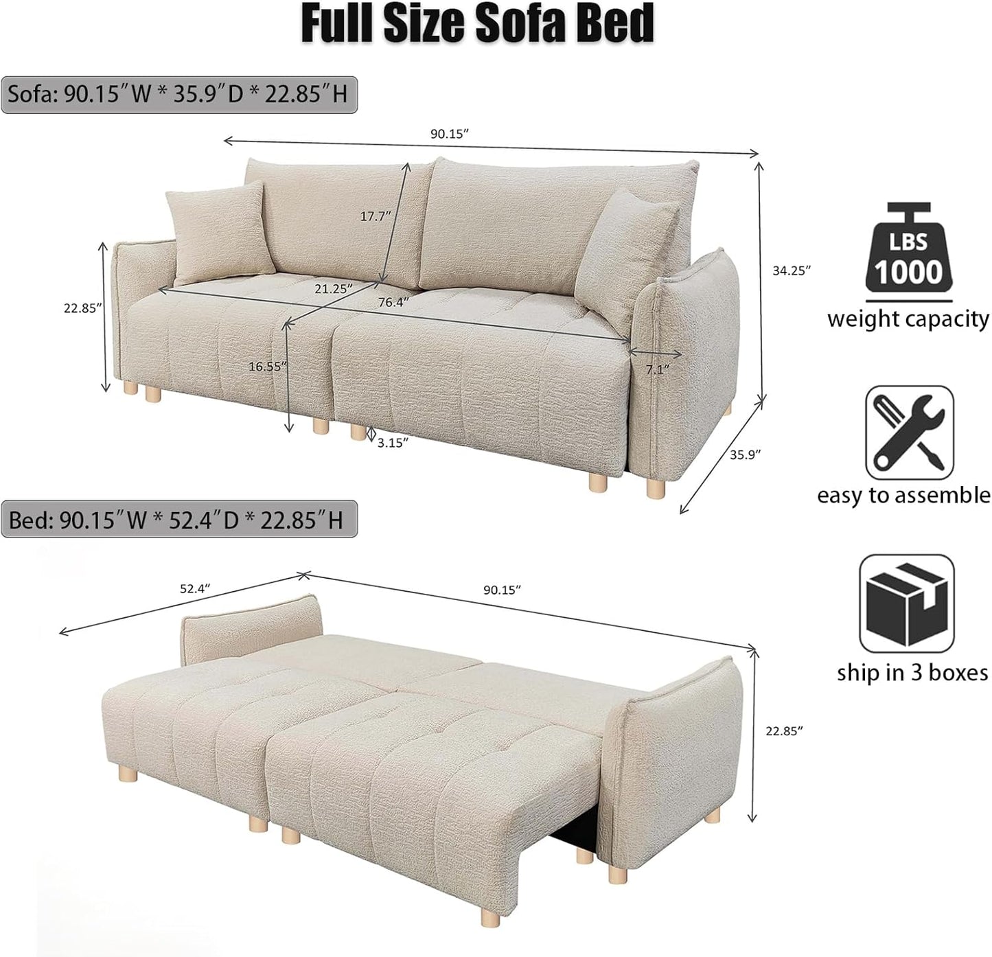 Convertible Sofa Bed, 90" Full Size Sleeper Sofa with Storage, Tufted Chenille 3 Seat Sofa Couches for Living Room, Small Spaces, Guest Room, Apartment, Beige