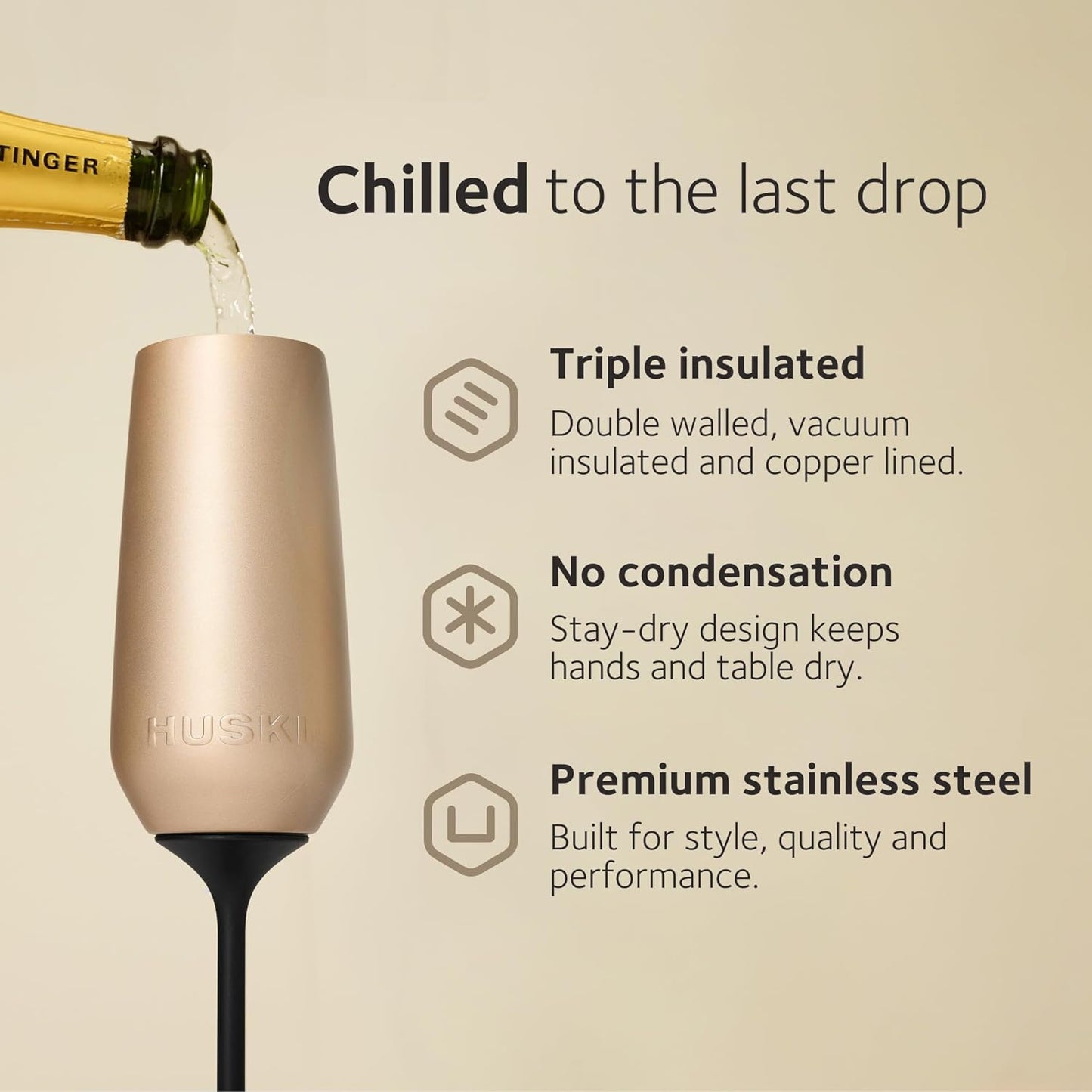 Huski Champagne Flute | NEW | Award-winning Design with Detachable Stem | Premium Stainless Steel Champagne Glass with Lid | Triple Insulated Tumbler | 8oz Capacity | Great Gift (Brushed Stainless)