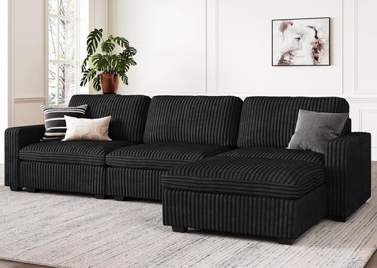 Belffin Modular Sectional Sofa with Storage Ottoman, Oversized Cloud Couch Sectional with Extra Deep Seat, Convertible L Shaped 4 Seater Sectional Couches for Living Room, Plush Corduroy Black