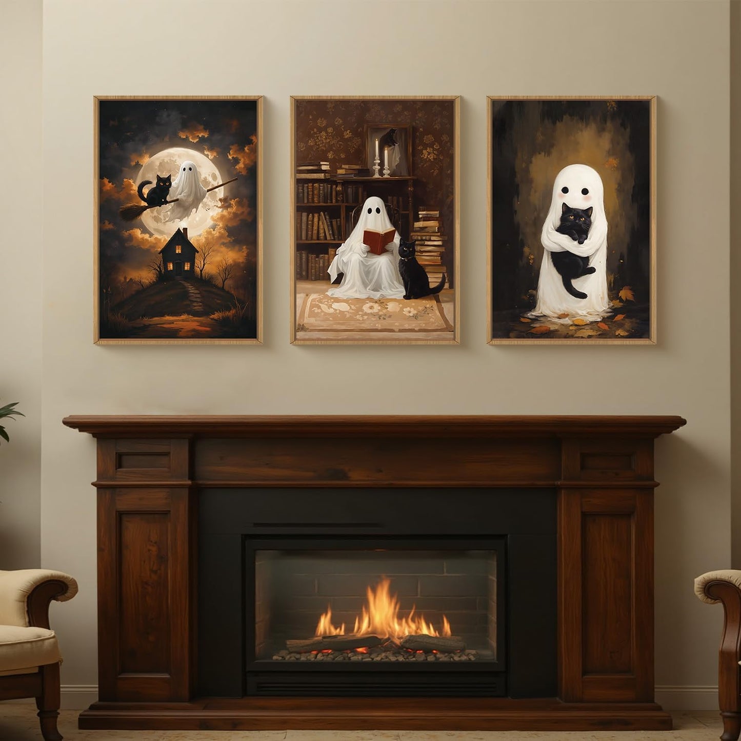 HPNIUB Halloween Ghost Framed Canvas Wall Art Set, Funny Black Cat Poster Artwork, Vintage Spooky Wall Decor, Dark Academia Moon Pictures for Bedroom Living Room Bathroom-16 x24 x3