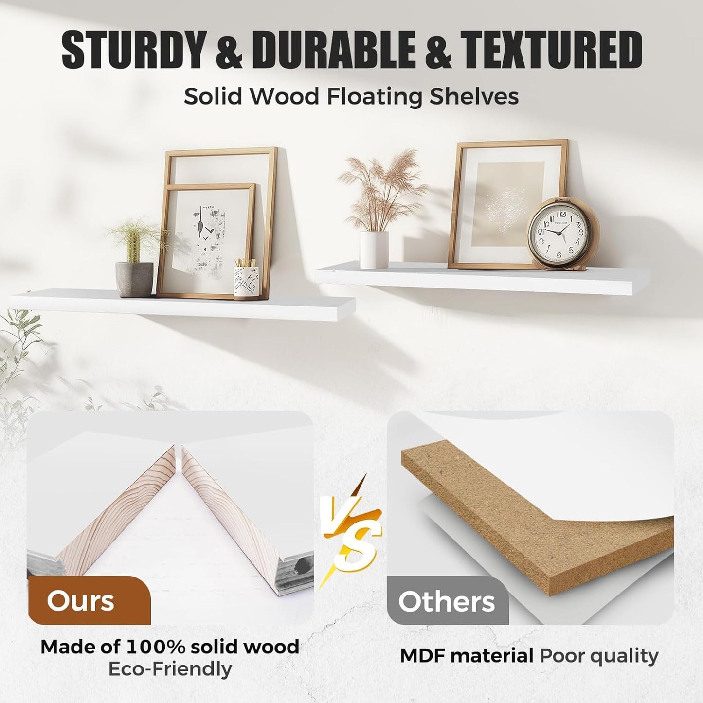 3-Pack Floating Wall Shelves, 24-Inch Rustic White Wooden Shelves for Storage and Décor, Easy Installation for Living Room, Bedroom, and Kitchen