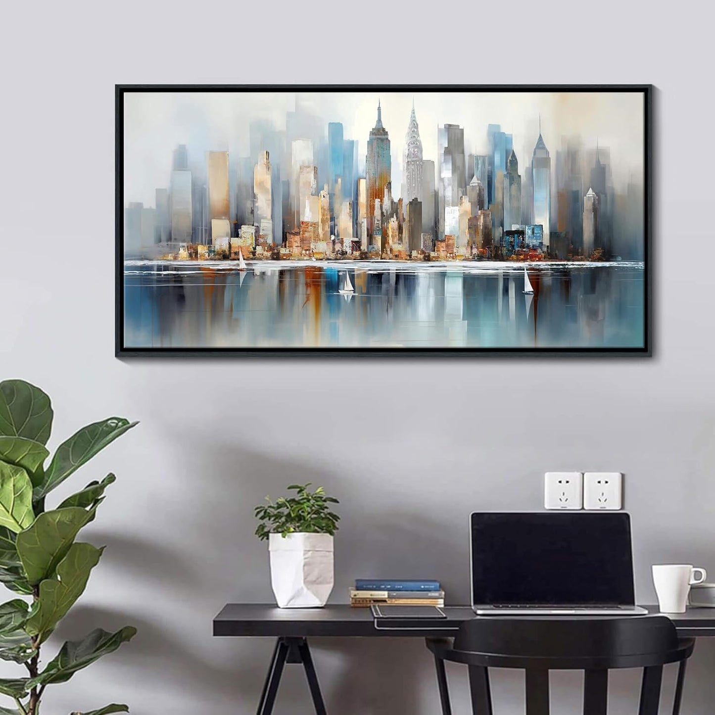 DUNHUANG ART Modern New York City Skyline Wall Art - Large Framed Abstract Canvas Painting for Home & Office Decor - Vibrant NYC Cityscape Picture - 30"x60"