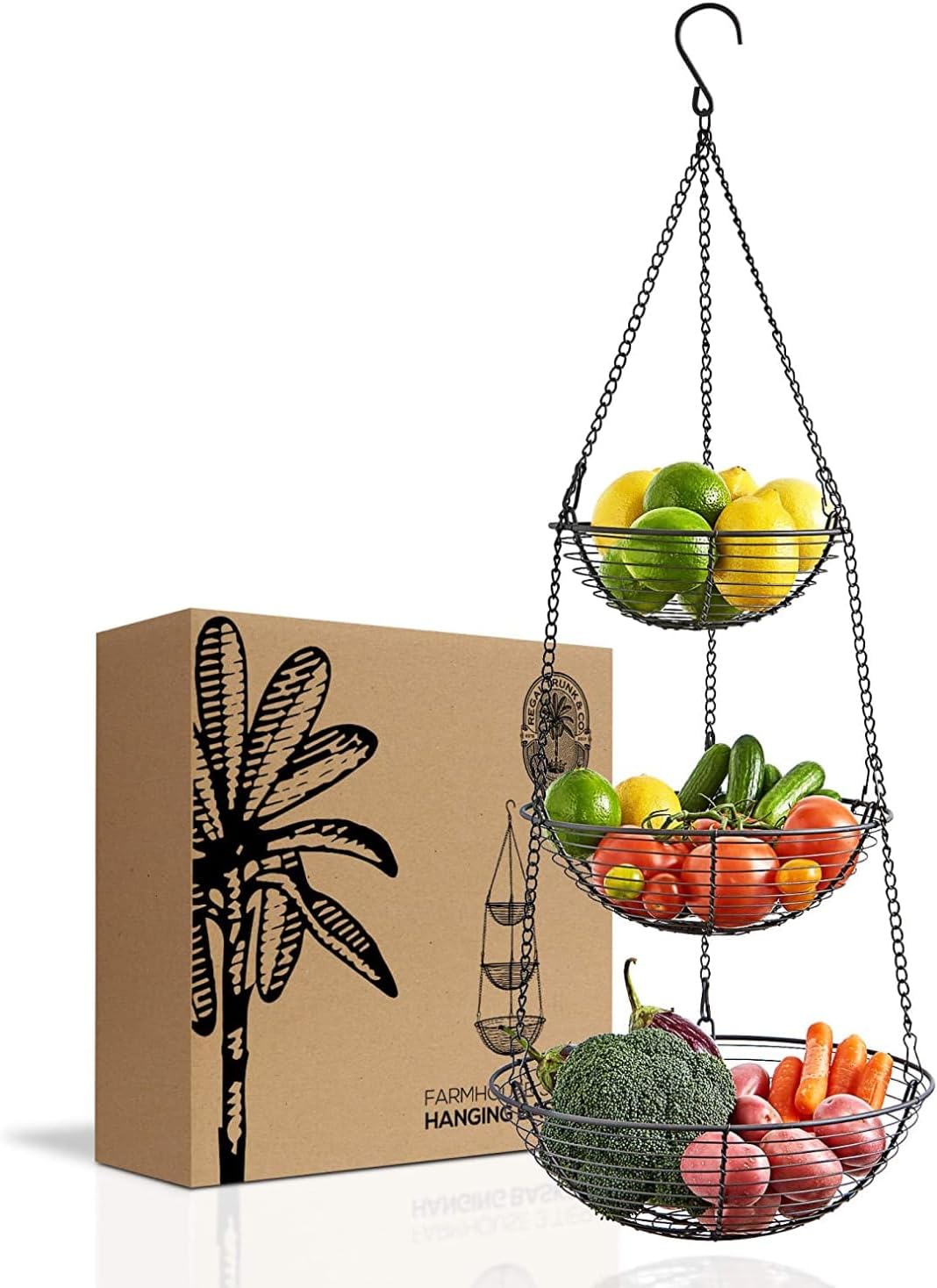 REGAL TRUNK & CO. 3 Tier Hanging Fruit Basket, Farmhouse Wire Basket, Three Tier Fruit Basket for Kitchen for Vegetables, Bread & More, Metal Chain, Hanging Hook and Detachable Round Wire Baskets