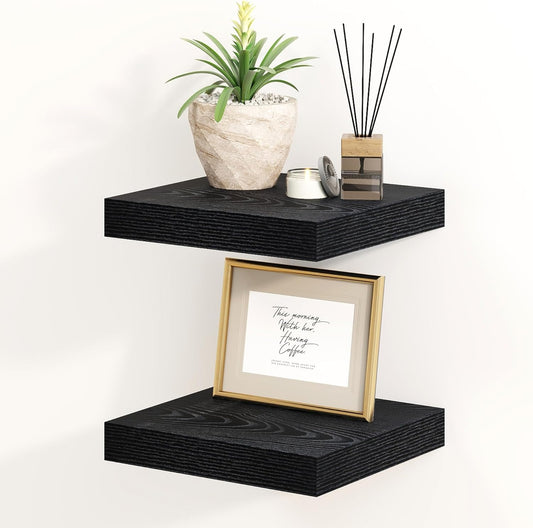 Fun Memories Black Floating Shelves 8 Inch Long, 8" Deep Wall Shelves, Small Deep Floating Shelf Square Wall Shelf, Rustic Display Shelves for Living Room, Bathroom, Kitchen, Set of 2