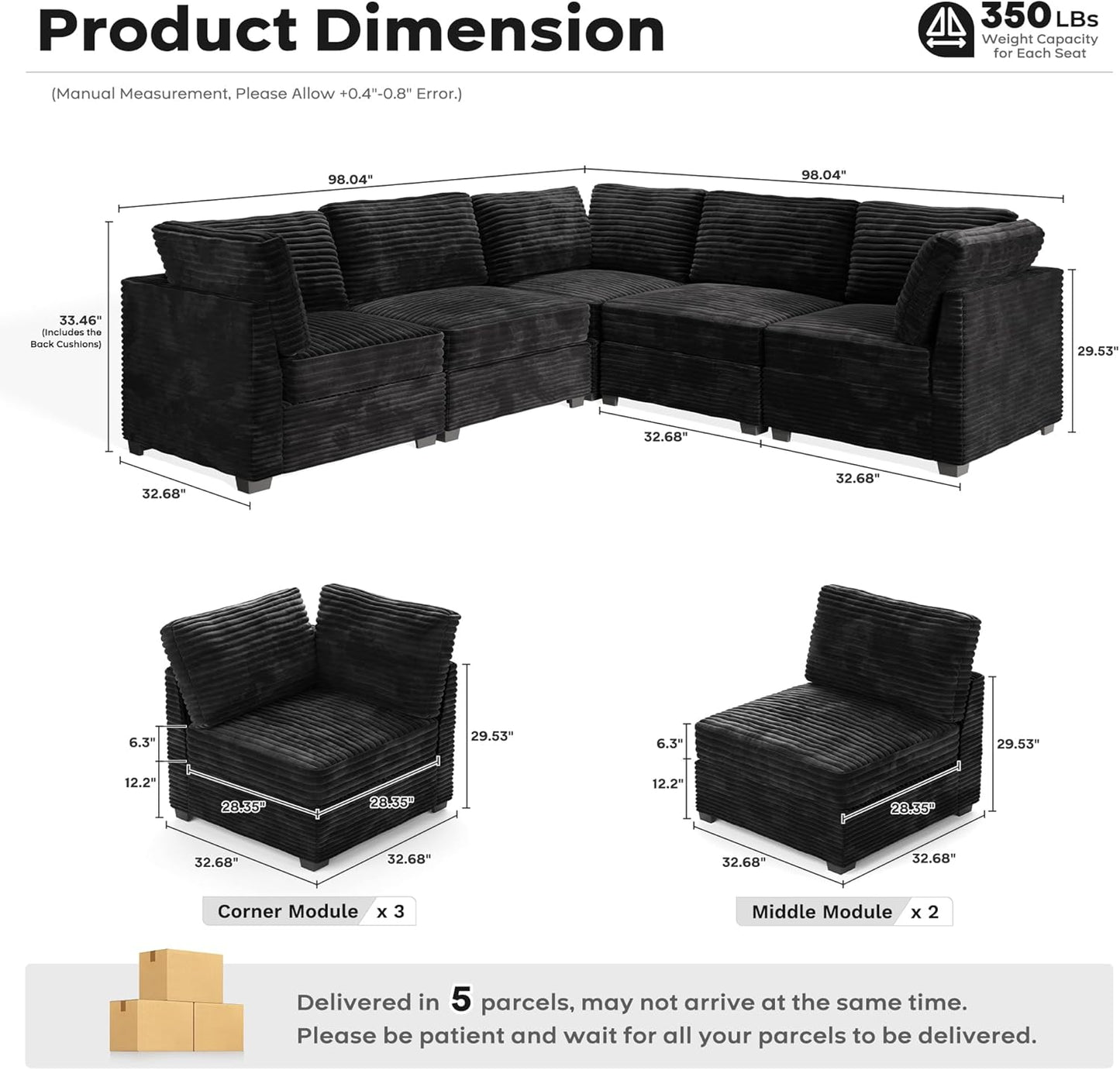 ovios Sectional Sofa Couch with L-Shape Chaise Convertible, Comfy Modular Cloud Couches with Deep Seat, Modern Upholstered Plush Corduroy Sofas Set for Living Room, 5-Seater, Black