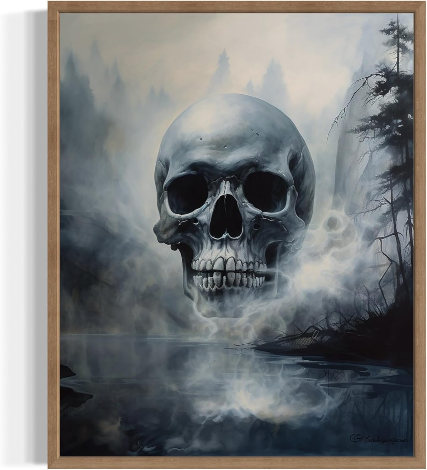 Foggy Skull Poster Art Print, Halloween Scary Vintage Wall Art Academia Spooky Painting Decoration for Horror Prints, Gothic Posters Bedroom Decor 89 (Foggy Skull, 11 x 14 inches, Wood Frame)