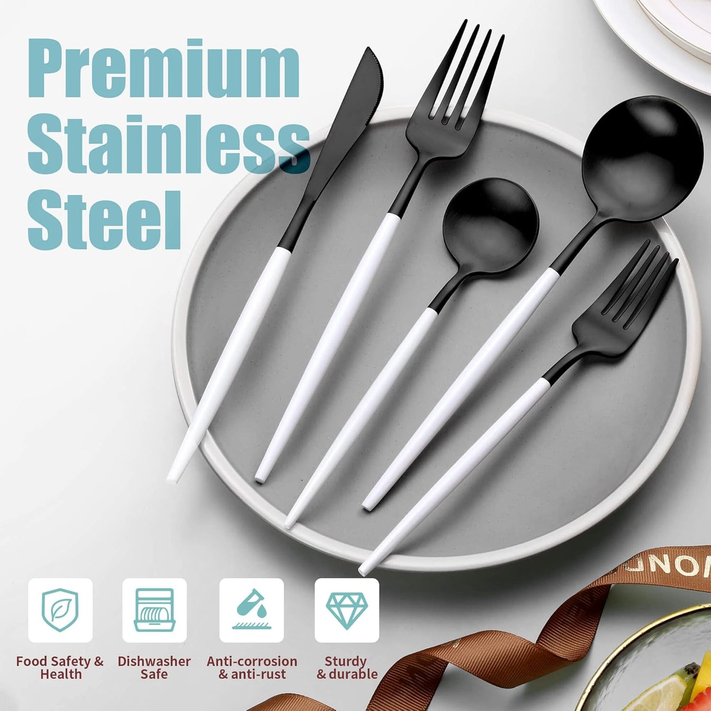 Matte Black White Silverware Set for 4,Modern Stainless Steel Brushed Cutlery Set,20-Pieces Heavy Duty Flatware Set,Knives Spoons and Forks Set Utensils Set, Satin Finish, Dishwasher Safe