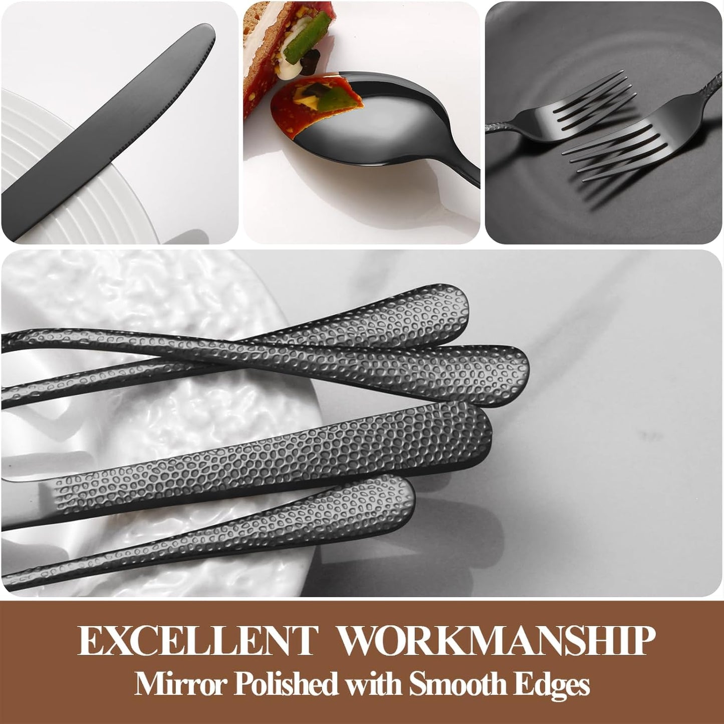 20 Pcs Black Silverware Set for 4 with Hammered Design, Food Grade Stainless Steel Flatware Set, Eating Utensils Sets Include Fork/Knife/Spoon, Cutlery Set, Dishwasher Safe