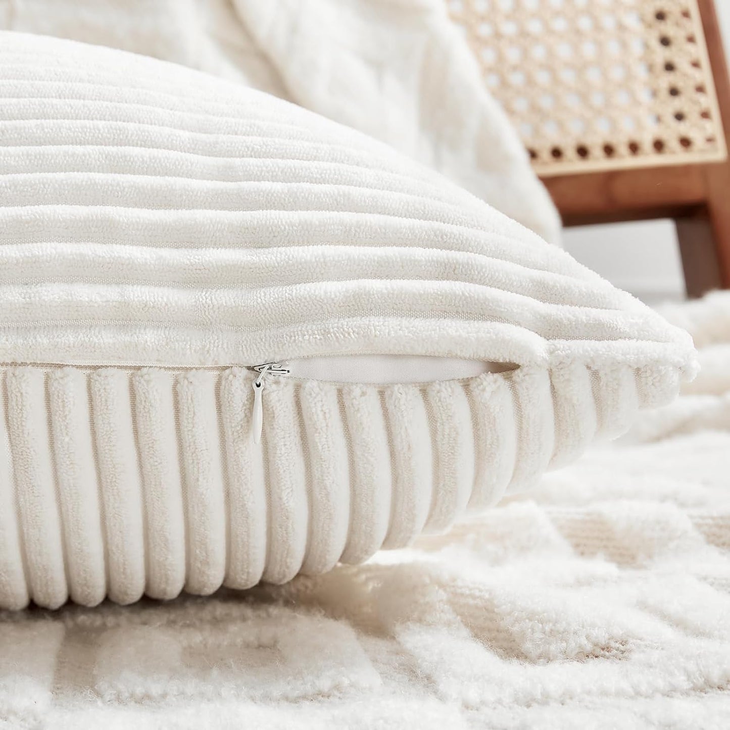 Fancy Homi 2 Packs Cream White Decorative Throw Pillow Covers 18x18 Inch for Living Room Couch Bed Sofa, Farmhouse Boho Home Decor, Soft Corss Corduroy Patchwork Textured Square Cushion Case 45x45 cm