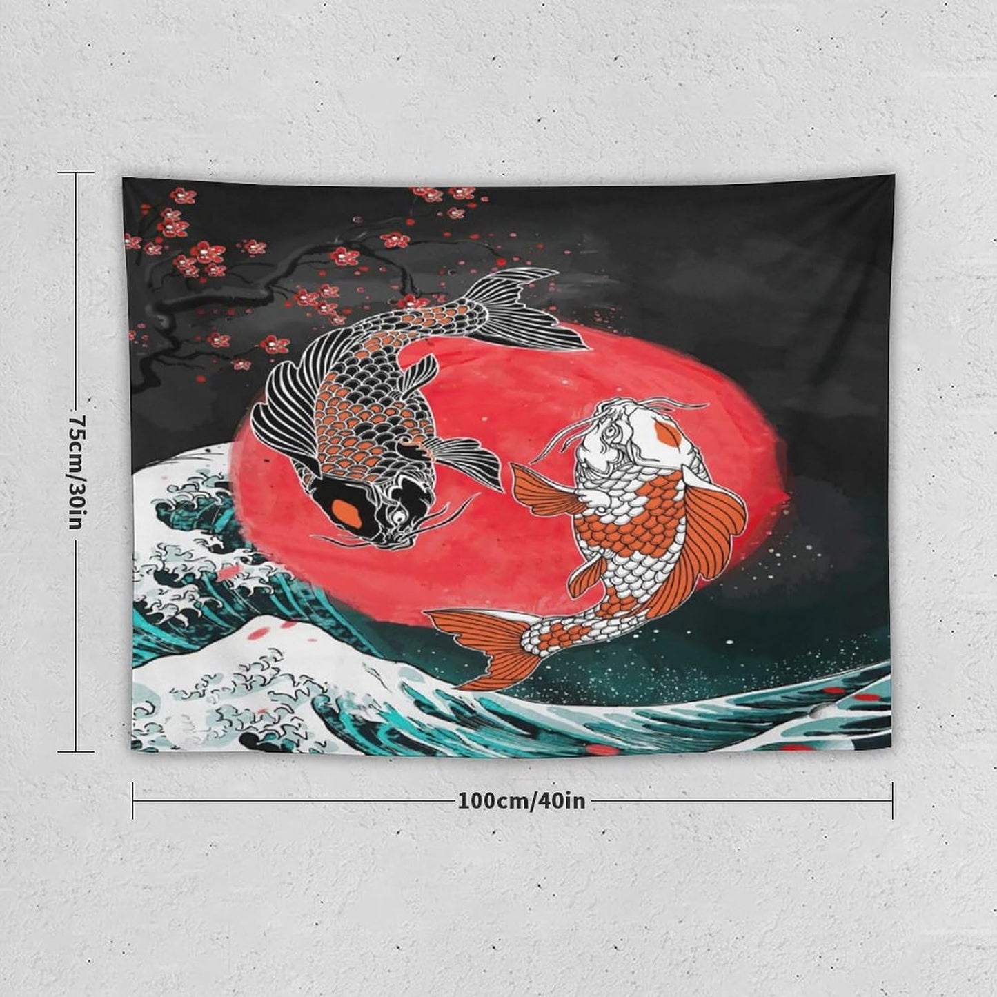 Houselerax Koi Fish Tapestries,Japanese Style Yin Yang Big Wave Cherry Blossoms Tapestry Wall Hanging for Bedroom Living Room Office Decor 40"x30"
